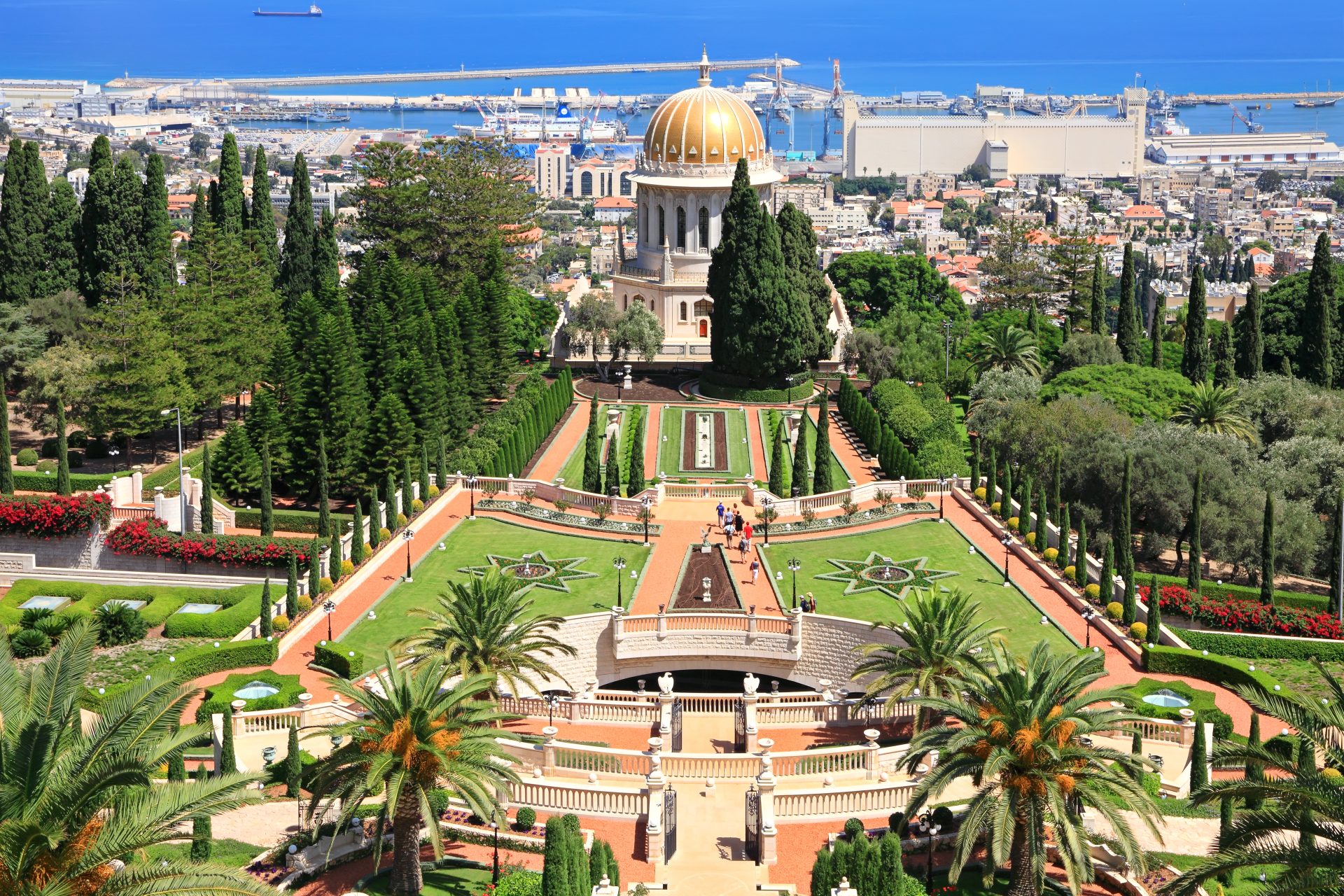 Bahai gardens and temple on the slopes of the Carmel Mountain and view of the Mediterranean Sea and bay of Haifa city Israel